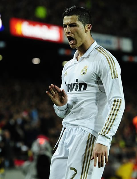 Cristiano Ronaldo waving with his hand in the Camp Nou, after his winning goal for La Liga 2012
