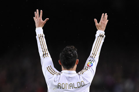 Cristiano Ronaldo raising his two arms up, in Barcelona vs Real Madrid