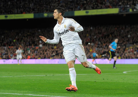 Cristiano Ronaldo in the Camp Nou, asking the crowd fans to be more calm and quiet on his goal celebrations