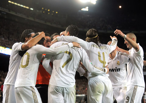 Real Madrid players and Cristiano Ronaldo celebrating goal scored against Barcelona