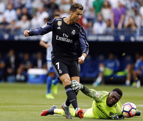 Cristiano Ronaldo gets past Kameni and scores Real Madrid first goal at La Rosaleda