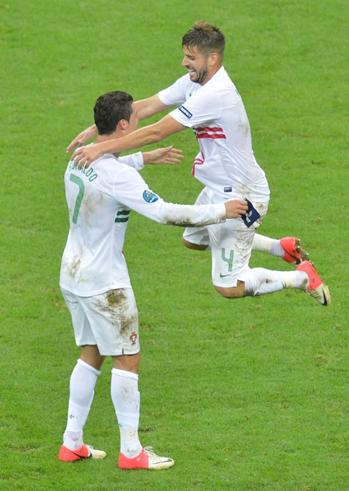 Cristiano Ronaldo celebrating with Miguel Veloso, at the EURO 2012