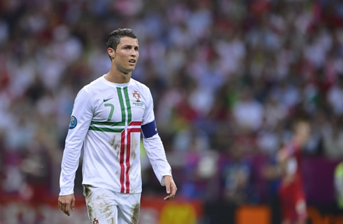 Cristiano Ronaldo making a scaried and exhausting face, in Portugal vs Czech Republic, at the EURO 2012