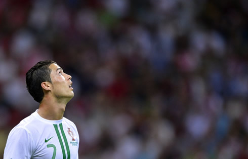 Cristiano Ronaldo looking above to the sky, as he plays in Portugal vs Czech Republic, in the EURO 2012