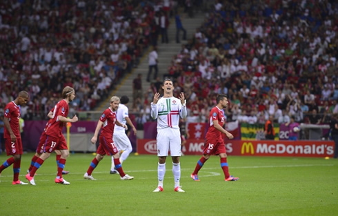Cristiano Ronaldo in despair after hitting the post once again, in a match for Portugal against the Czech Republic, at the EURO 2012 quarter-finals