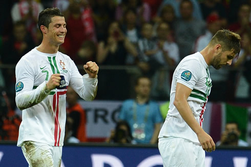 Cristiano Ronaldo joy with his eyes closed, as he celebrates his winning goal for Portugal against the Czech Republic, at the EURO 2012