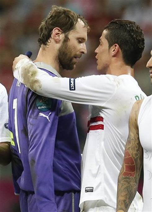 Cristiano Ronaldo showing his good fair-play, as he gives a word to Petr Cech, at the end of Portugal vs Czech Republic for the EURO 2012 quarter-finals