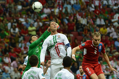 Cristiano Ronaldo helping defending a corner and jumping more than any other player on the pitch, at the EURO 2012