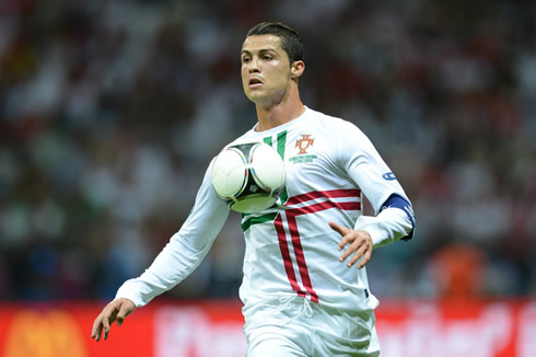 Cristiano Ronaldo controlling the ball with his chest in the EURO 2012