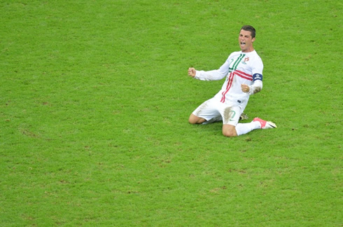 Cristiano Ronaldo sliding on his knees to celebrate Portugal victory over the Czech Republic, at the EURO 2012 quarter-finals