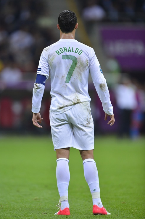 Cristiano Ronaldo, wearing the Portuguese National Team #7 white jersey, at the EURO 2012