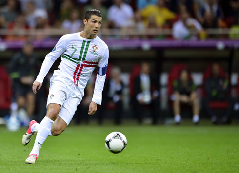 Cristiano Ronaldo running at full throttle in a Portugal game against the Czech Republic, for the EURO 2012 quarter-finals