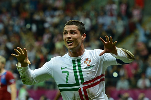 Cristiano Ronaldo claw celebration as he dedicates the winning goal in Portugal 1-0 Czech Republic, to his son, Cristiano Ronaldo Junior, in the EURO 2012