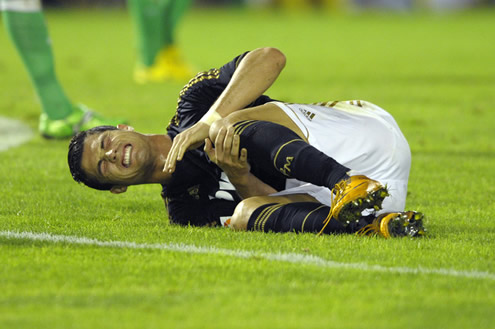 Cristiano Ronaldo hurted and crying on the ground in Racing Santander vs Real Madrid, La Liga match in 2011-2012