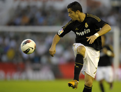 Cristiano Ronaldo getting ready to receive the ball in Racing Santander vs Real Madrid, La Liga match in 2011-2012