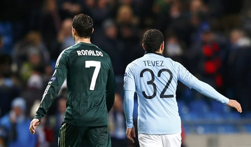 Cristiano Ronaldo side by side with Carlos Tevez, in Manchester City vs Real Madrid for the UEFA Champions League in 2012-2013