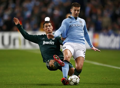 Cristiano Ronaldo hard tackle from behind in Manchester City vs Real Madrid, for the UEFA Champions League in 2012-2013