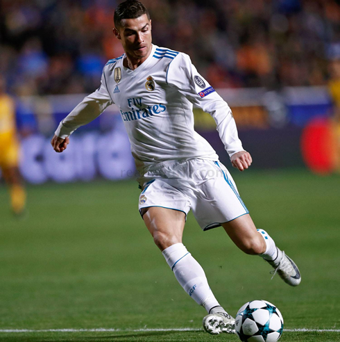 Cristiano Ronaldo playing for Real Madrid in a Champions League game in November of 2017