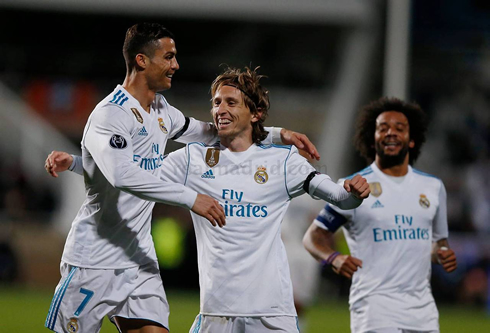 Cristiano Ronaldo and Modric hugging each other in Nicosia, Cyprus