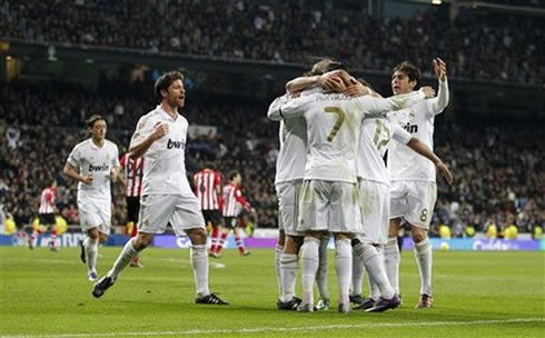 
Cristiano Ronaldo goal celebrations, hugging his Real Madrid teammates, while Xabi Alonso, Ozil and Kaká getting near them, in 2011/2012