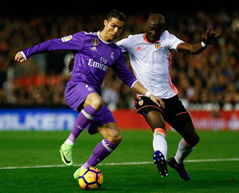 Cristiano Ronaldo about to pull back the ball, as Mangala mark him inside