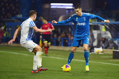 Cristiano Ronaldo dribbling a defender in SPAL vs Juventus