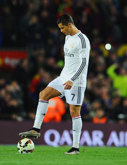 Cristiano Ronaldo putting his boot on the ball at the Spanish League Clasico in March of 2015