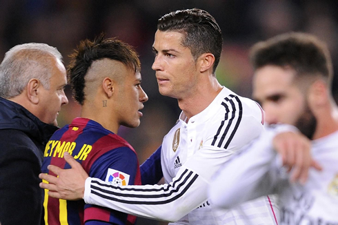 Cristiano Ronaldo hugs Neymar before the Clasico between Barcelona and Real Madrid