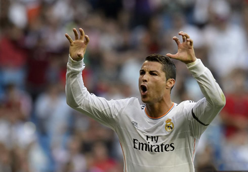 Cristiano Ronaldo hands gesture after scoring a goal for Real Madrid, dedicating the goal to his son