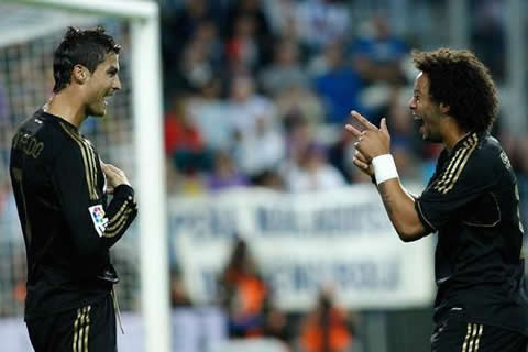 Cristiano Ronaldo dancing a Bralizian funk song with Marcelo, in Malaga vs Real Madrid, in 2011/2012