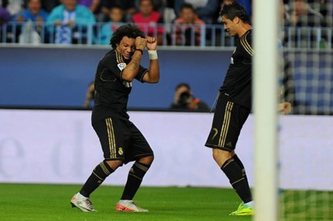 Cristiano Ronaldo and Marcelo dance together after a Real Madrid against Malaga, similarly to some dance moves made by Neymar