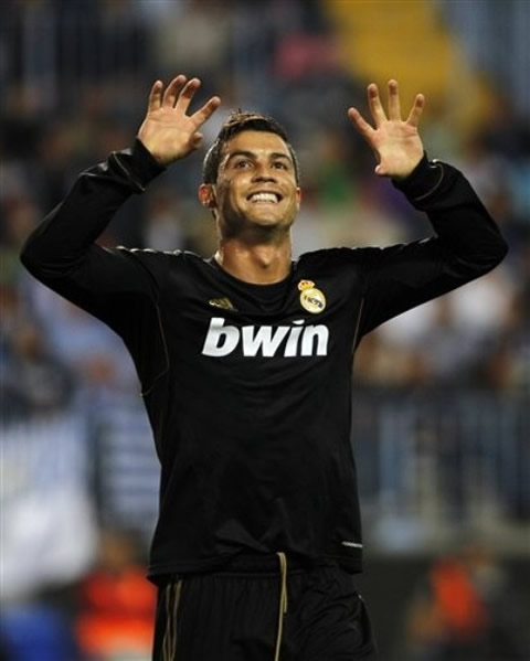 Cristiano Ronaldo doing the claw celebration in La Rosaleda, as he had just finished scoring another goal for Real Madrid