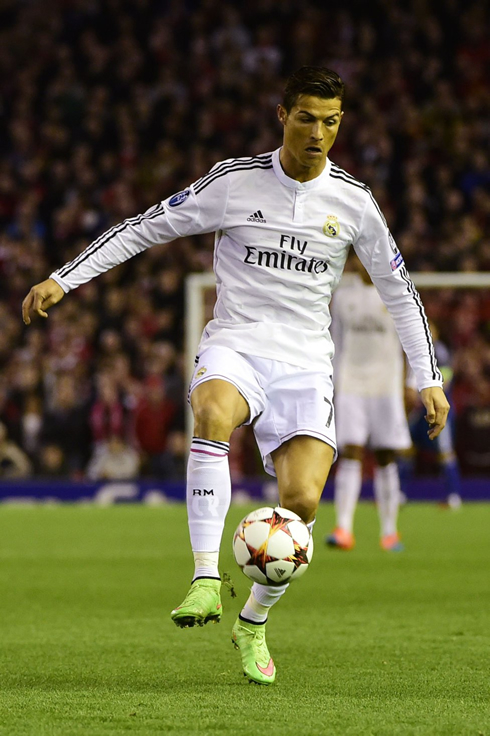 Cristiano Ronaldo ball control during a Champions League fixture between Liverpool and Real Madrid