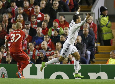 Cristiano Ronaldo reaction after scoring his first goal ever in Anfield, in Liverpool 0-3 Real Madrid