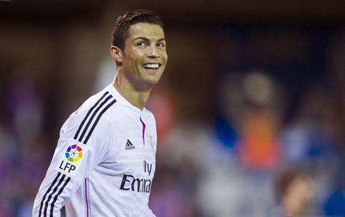Cristiano Ronaldo smiling during a league fixture between Eibar and Real Madrid