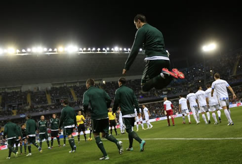 Cristiano Ronaldo incredible jump on the warm-up just before the teams line-up, for another La Liga fixture in 2012-2013