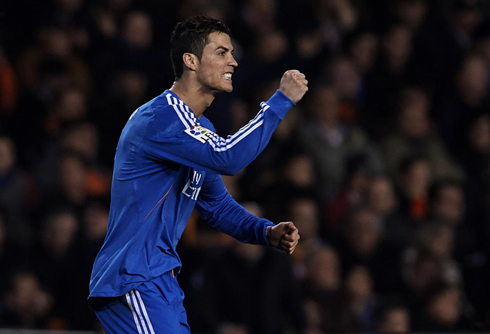 Cristiano Ronaldo showing his teeth and raising his fist, after Real Madrid's win in Valencia