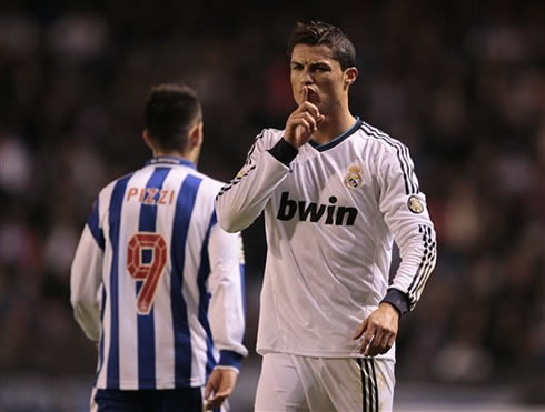 Cristiano Ronaldo reacting and answering the Deportivo fans and crowd, as Real Madrid equalises the game in the Riazor, in La Liga 2012-2013