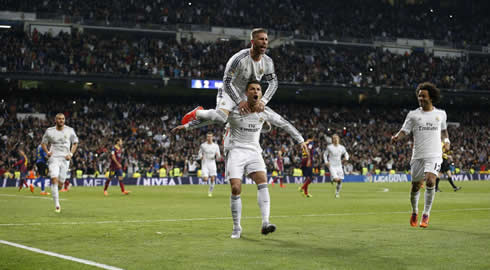 Cristiano Ronaldo carrying Sergio Ramos on his back after scoring for Real Madrid against Barcelona