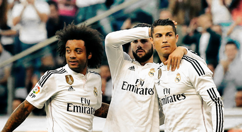 Cristiano Ronaldo being congratulated by Marcelo and Nacho