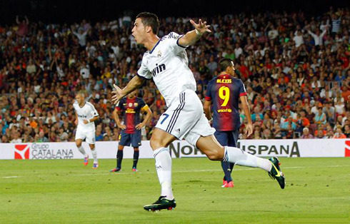 Cristiano Ronaldo scores the opener at the Camp Nou, in Barcelona v Real Madrid for the Spanish Supercup in 2012