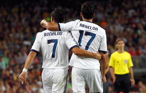 Cristiano Ronaldo and Alvaro Arbeloa hugging each other at the Camp Nou in 2012
