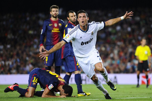 Cristiano Ronaldo goal celebration at the Camp Nou, in Barcelona vs Real Madrid for the Spanish Supercup, in 2012/2013