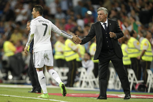 Cristiano Ronaldo being saluted by Carlo Ancelotti after netting a goal for Real Madrid in La Liga