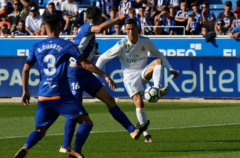 Cristiano Ronaldo controlling the ball down with his left foot