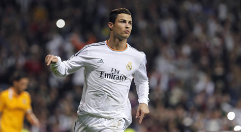 Cristiano Ronaldo pointing down, after scoring in Real Madrid vs Juventus, for the Champions League 2013-2014