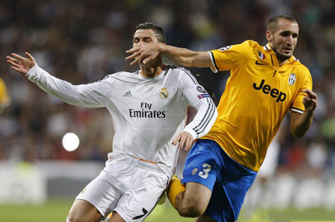 Cristiano Ronaldo being hit with Chiellini's arm and elbow, leading to a straight red card in Real Madrid vs Juventus in the Champions League