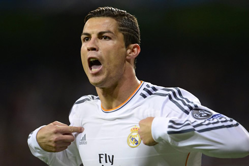 Cristiano Ronaldo doing the superman goal celebration, in Real Madrid 2013-2014