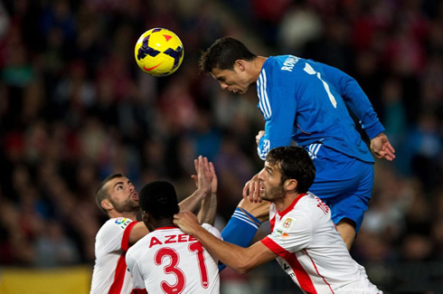 Cristiano Ronaldo jumping higher than everyone else to head a ball in Almería 0-5 Real Madrid