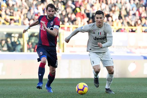 Cristiano Ronaldo in action in Bologna vs Juventus for the Serie in 2019